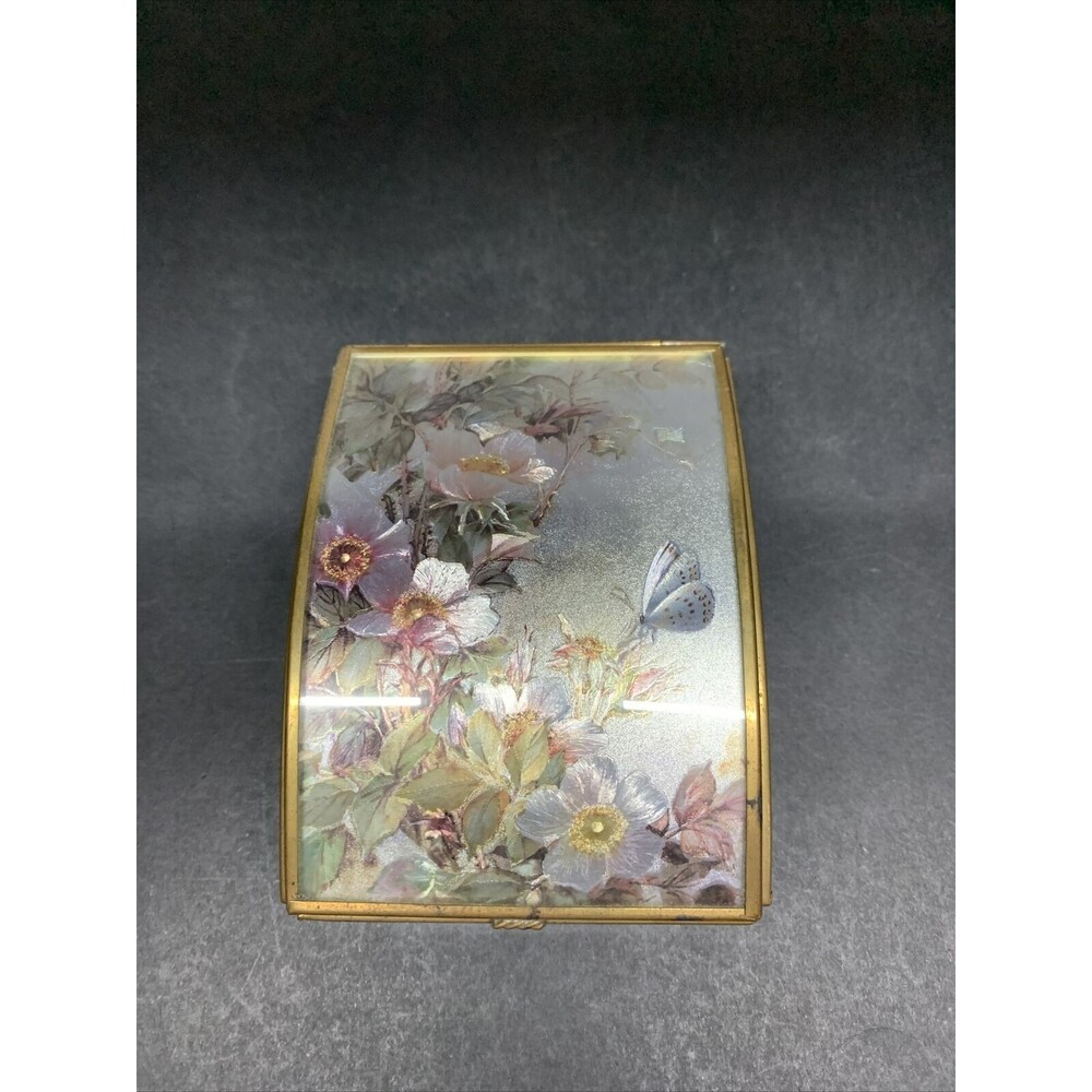 Vintage Foral & Butterfly Glass and Brass Jewelry Trinket Box, Plays Summer Wind